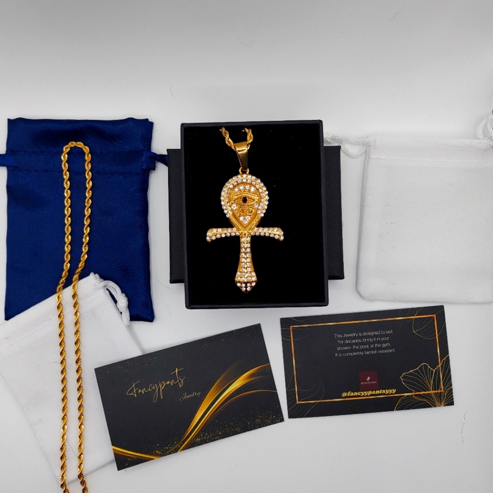 18K Gold Plated Ankh Eye Of Ra Pendant With Rope Chain